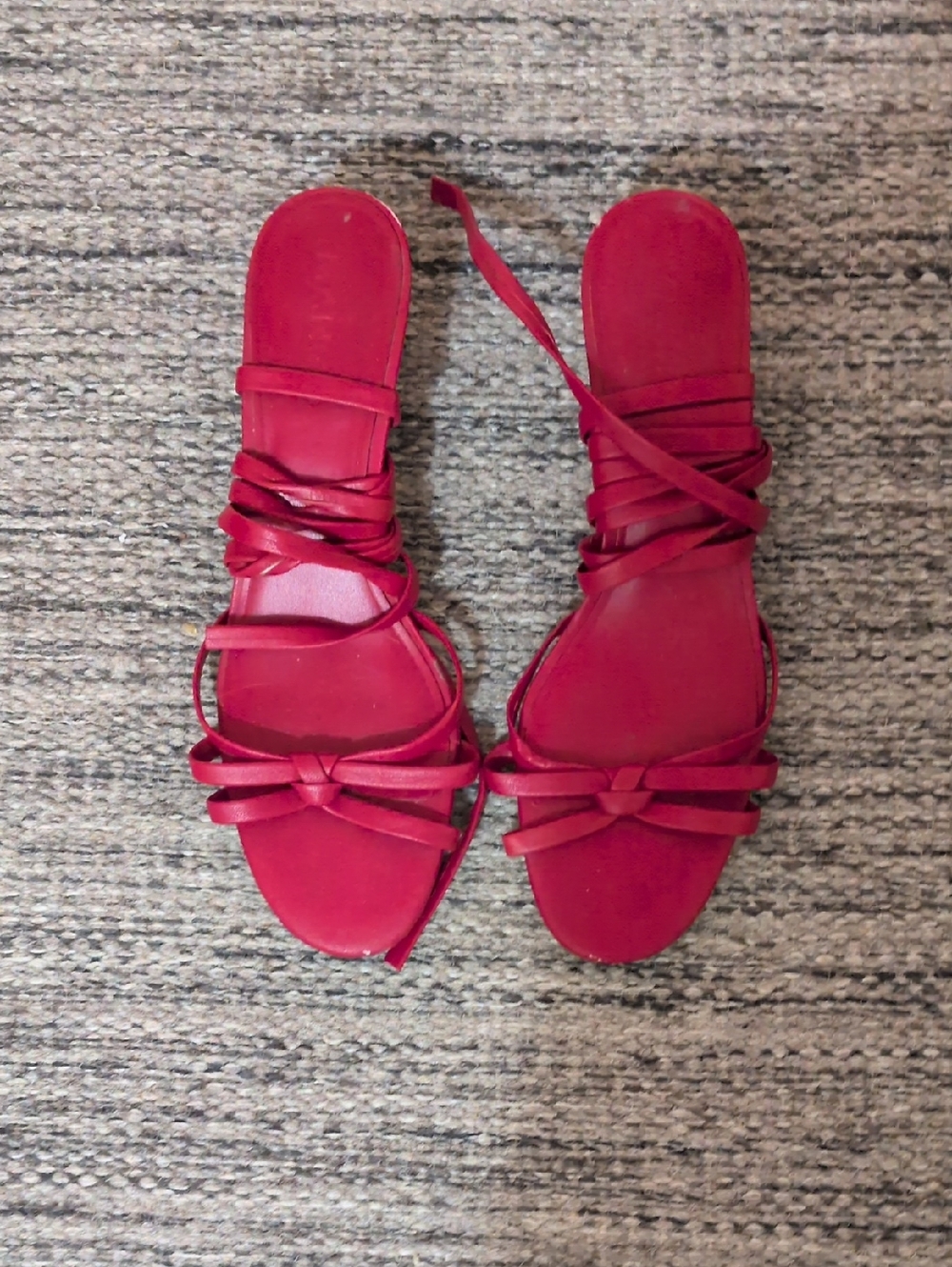 Mango Leather Red Lace-Up Strappy Kitten Heeled Sandals Size 37